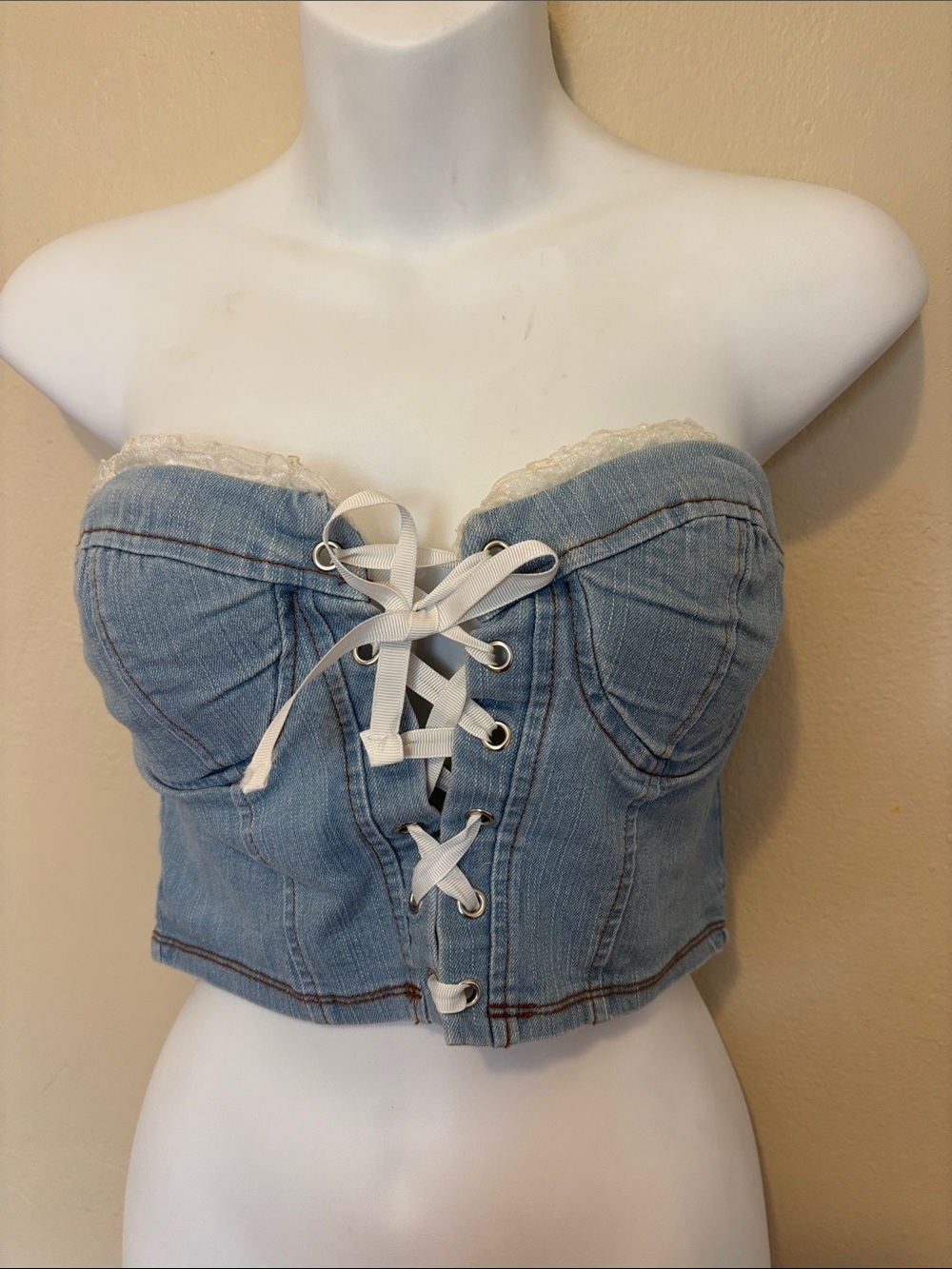 Light Wash Denim Lace-Up Bustier Crop Top